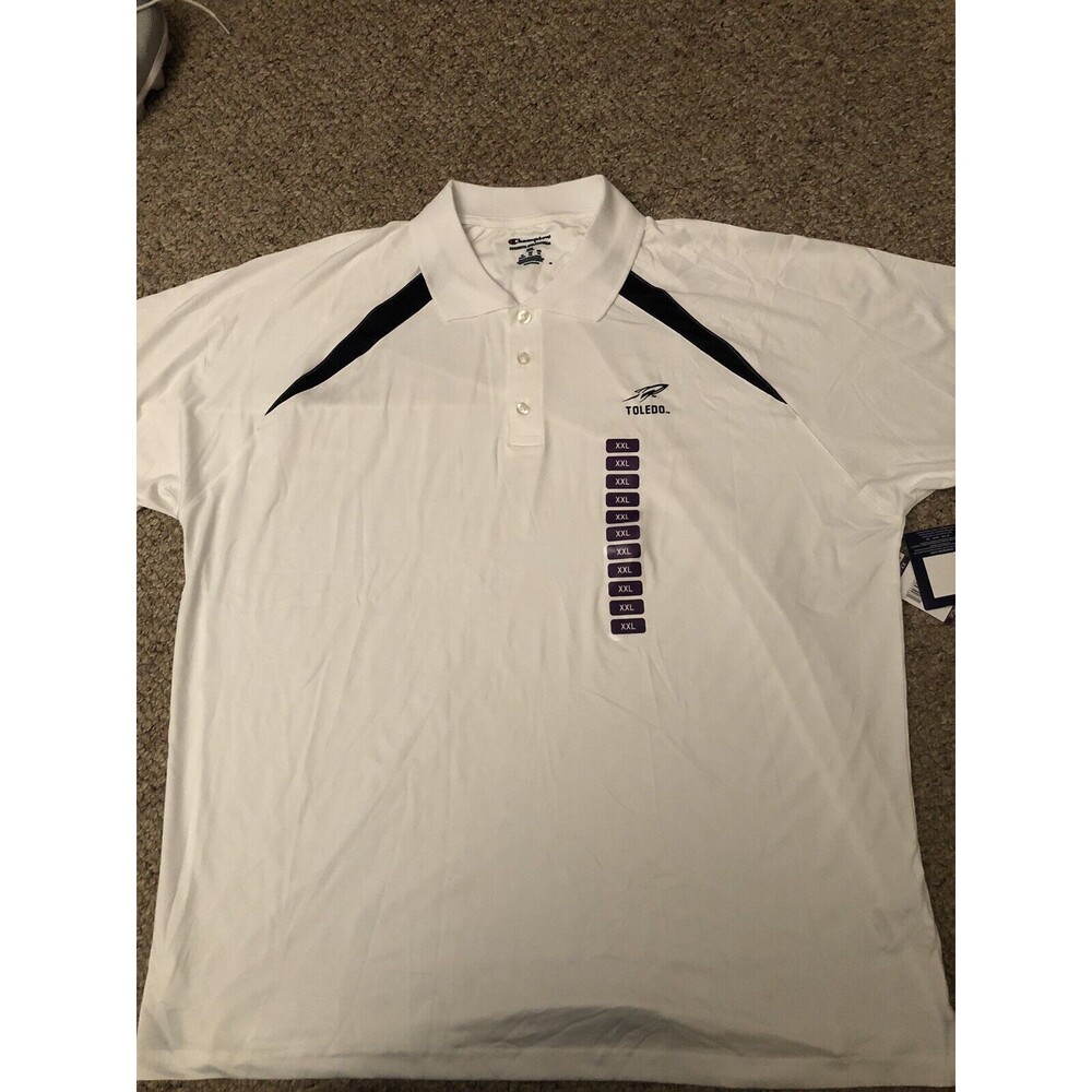 Champion 3 Button Golf Shirt 2XL White‎ NWT Toledo Rockets NCAA Logo
